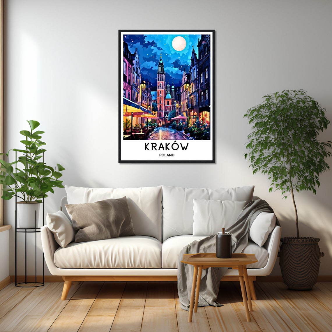 Krakow Poland Old Town at Night Under Full Moon Travel Poster - Image 2