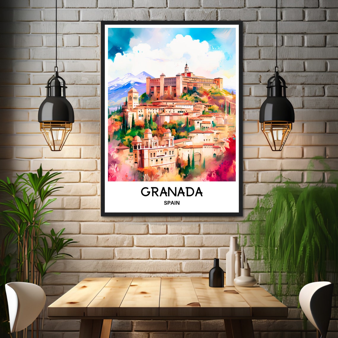 Granada Spain Alhambra Palace Hill Watercolor Cityscape Travel Poster - Image 3