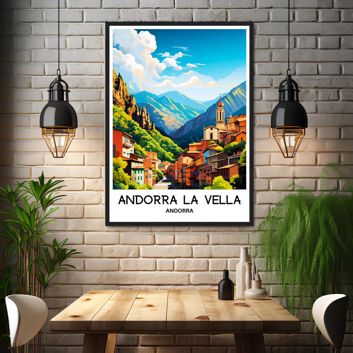 Andorra La Vella Mountain Town Valley Church Tower Travel Poster - Image 3