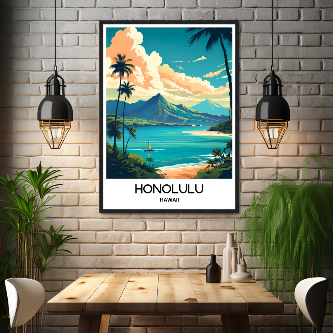 Honolulu Hawaii Diamond Head Palm Beach Sunset Travel Poster - Image 3