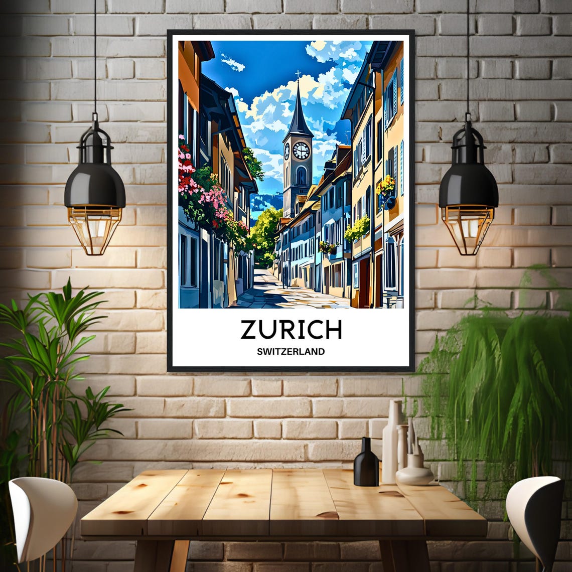 Zurich Switzerland Old Town Clock Tower Street Illustration Poster - Image 3