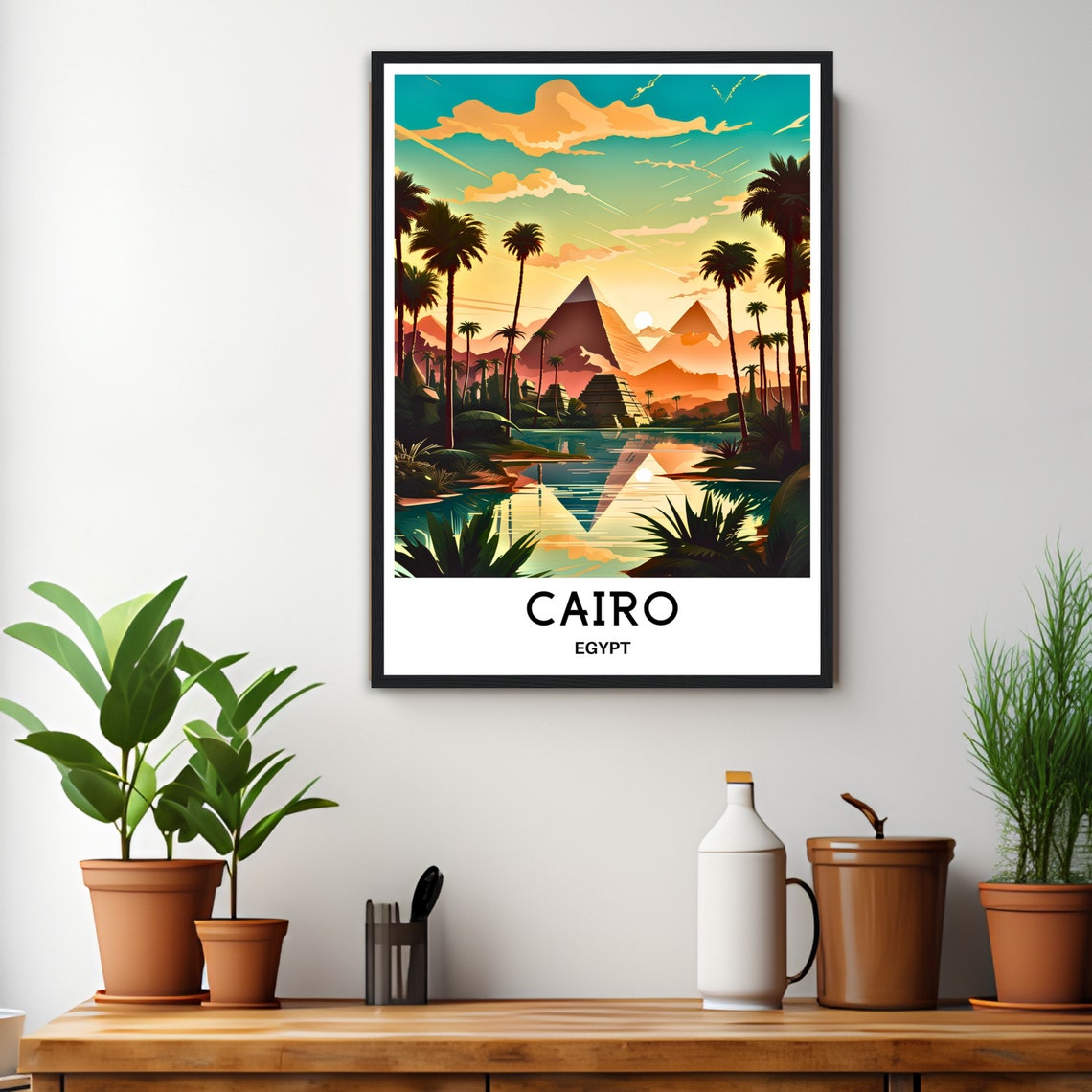 Cairo Egypt Pyramids With Palm Trees At Sunset Travel Poster - Image 2