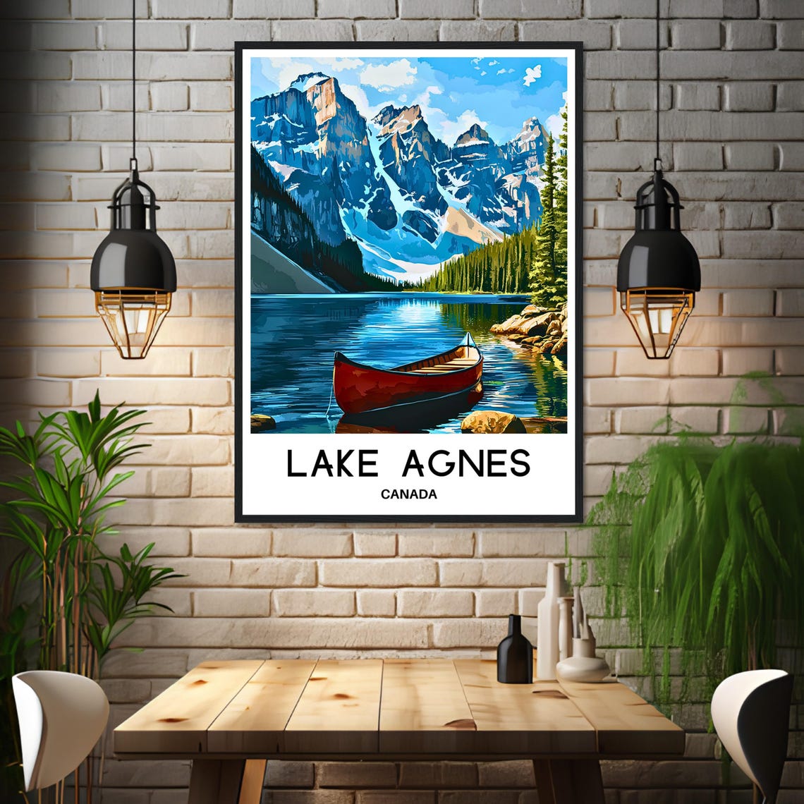 Lake Agnes Canada Red Canoe Rocky Mountain Peak Lakeside Travel Poster - Image 3