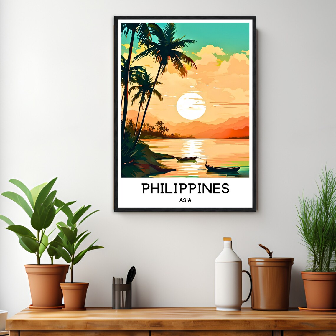 Philippines Golden Sunset Ocean Palm Silhouettes Boats Travel Poster - Image 3