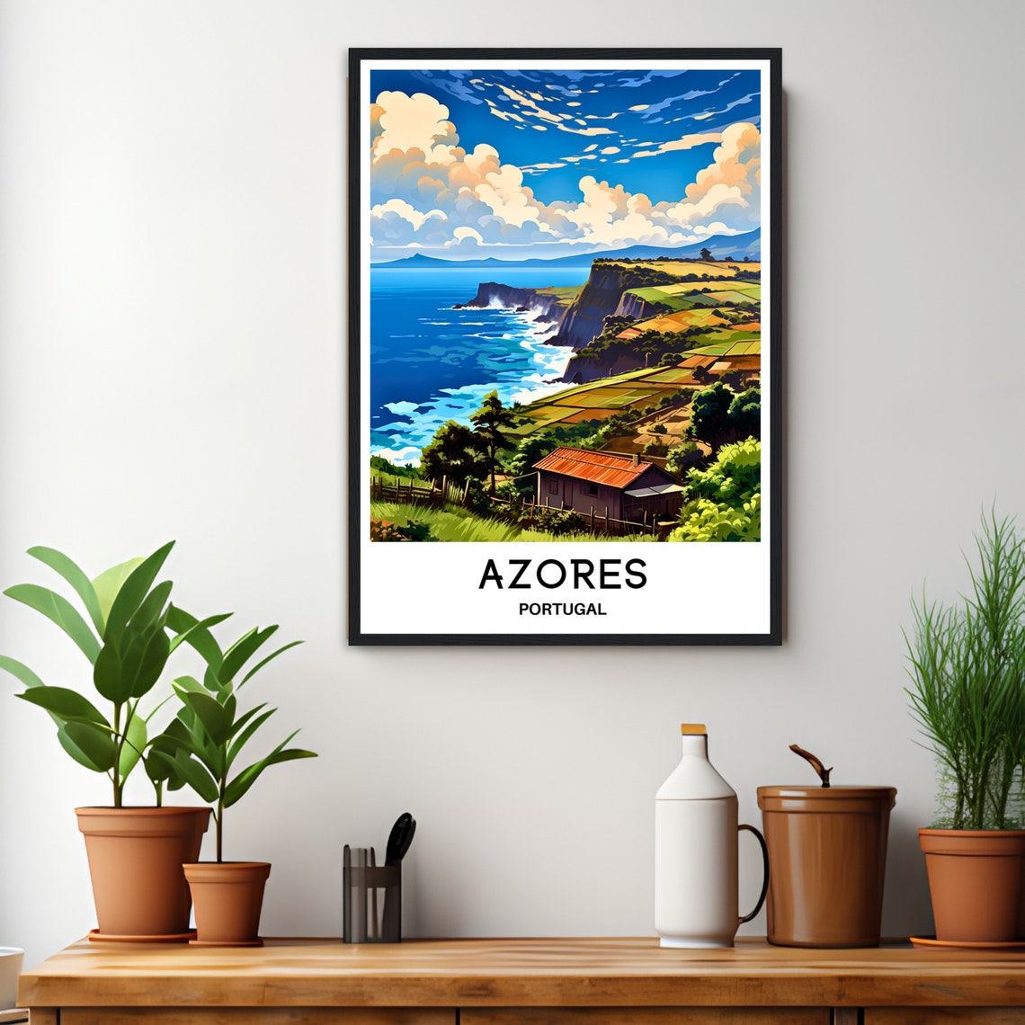 Azores Portugal Cliffs Green Fields Cottage Coast Travel Poster - Image 3