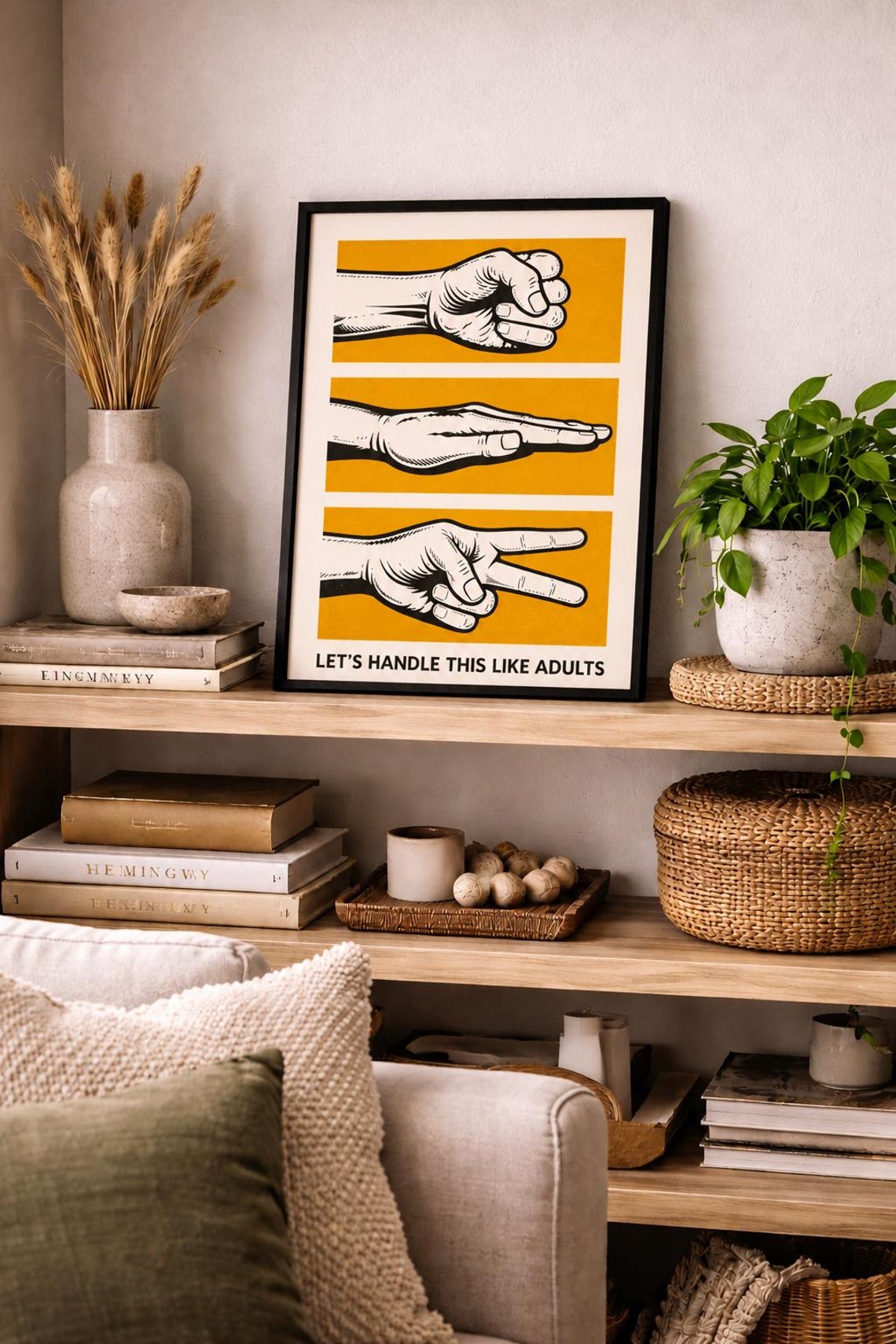Retro Rock Paper Scissors Print Mustard Office Humor Wall Art - Image 3