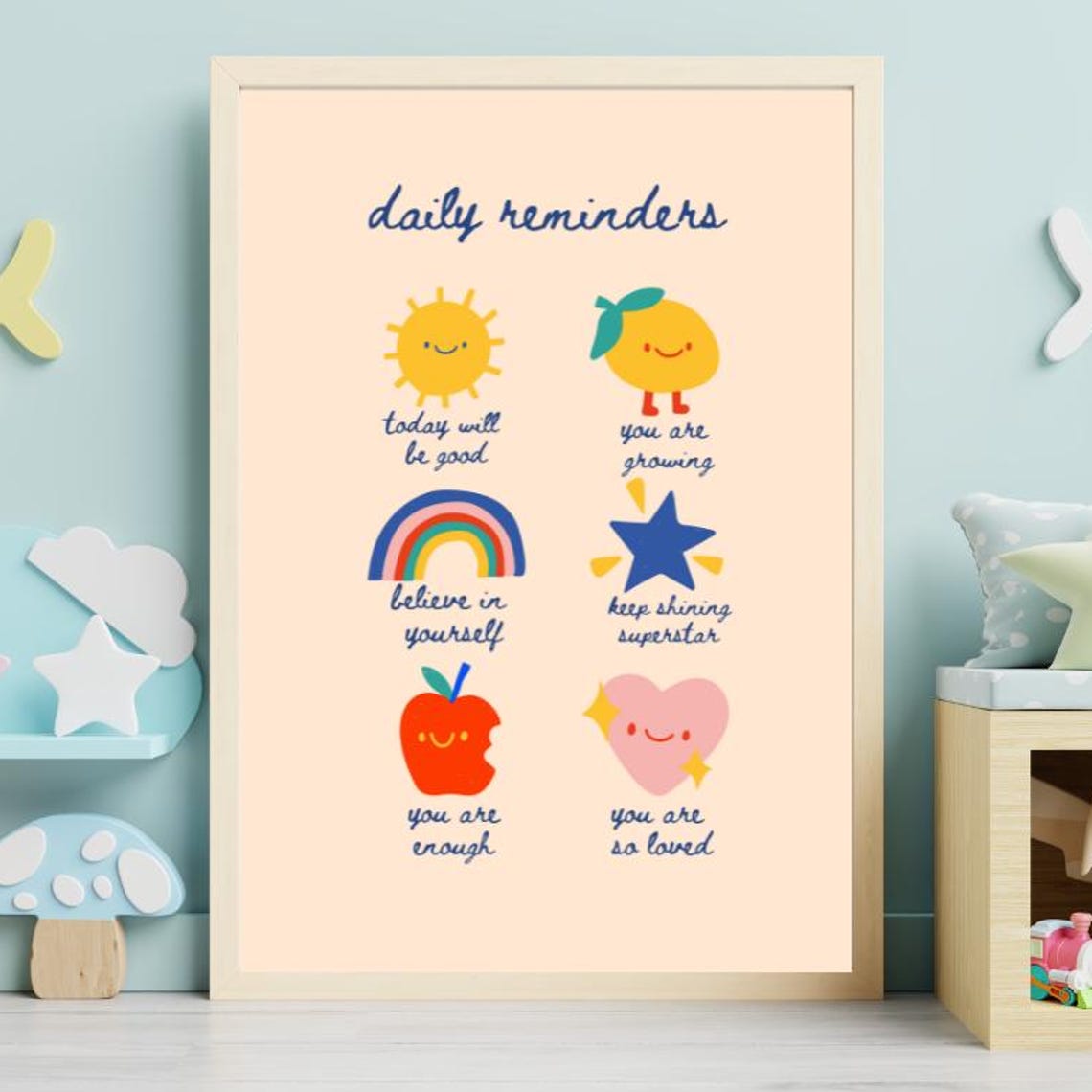 Kids Daily Reminders Cute Affirmations Illustrated Print for Playroom