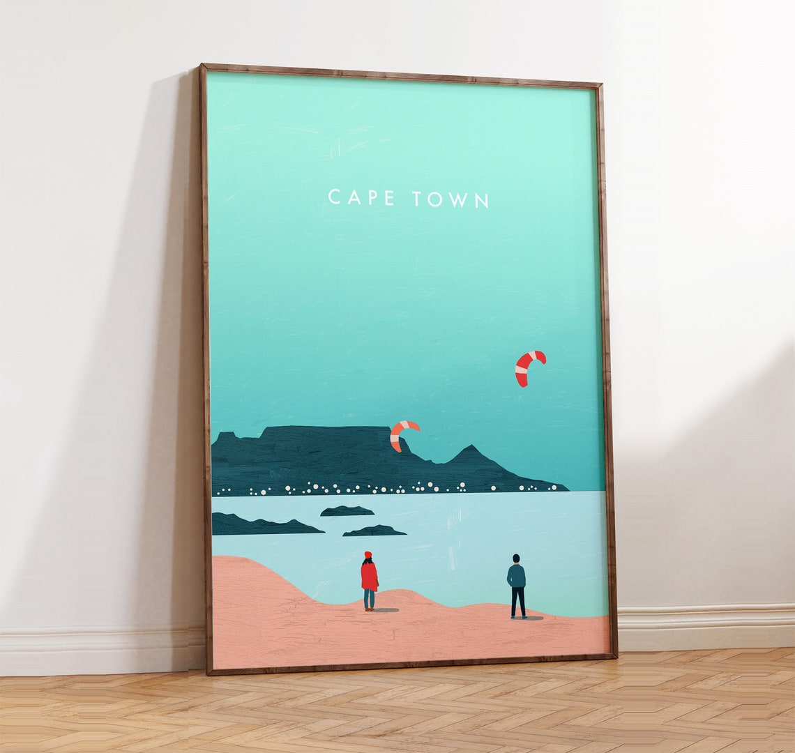 Cape Town South Africa Table Mountain Beach Kitesurf Travel Poster