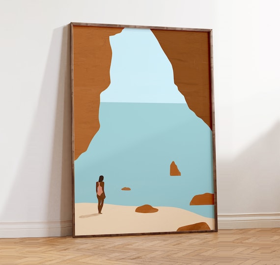 Sea Cave Beach Woman Pink Swimsuit Coastal Minimalist Poster