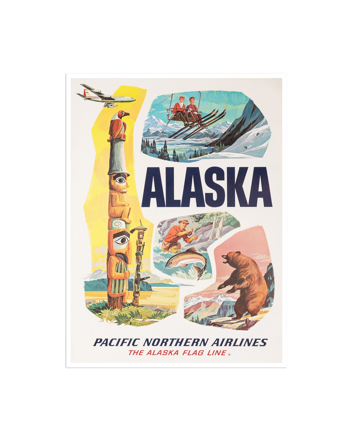 Alaska Pacific Northern Airlines Vintage Poster with Bear and Totem