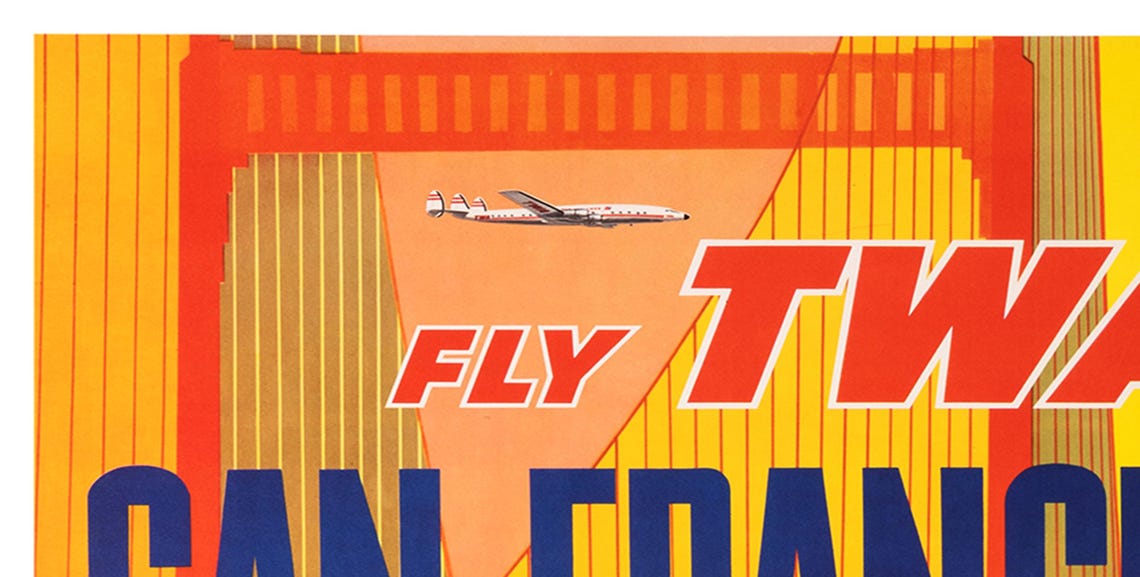 San Francisco Fly TWA Golden Gate Bridge Sunset Orange Art Poster - Image 2