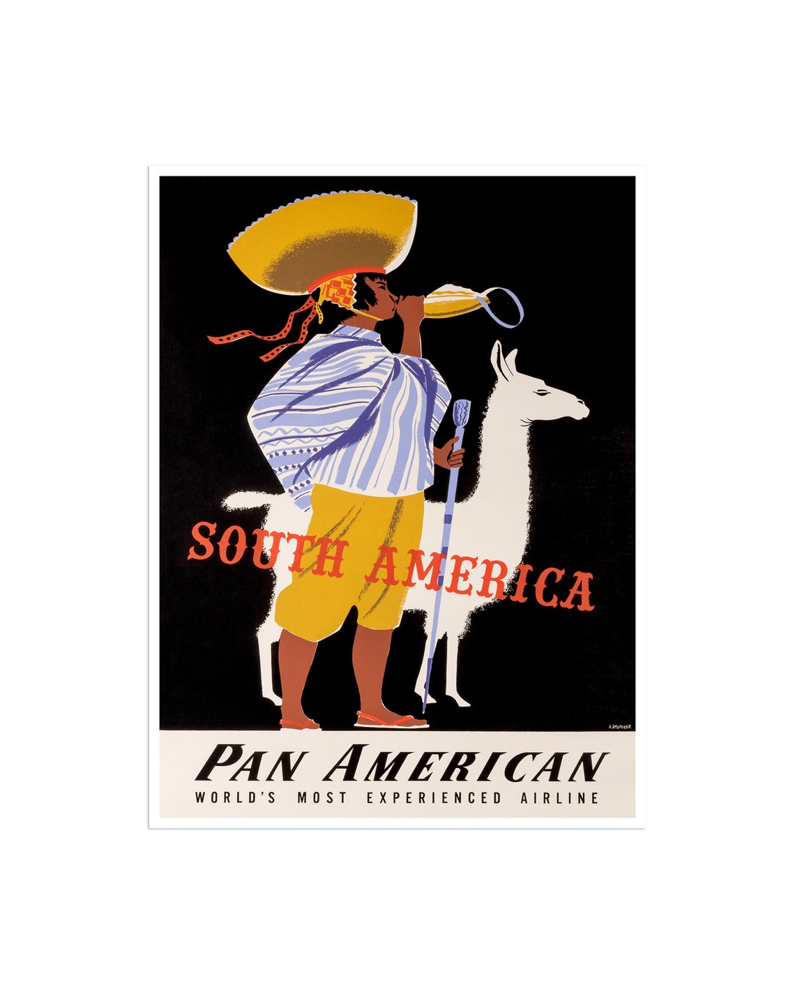 South America Pan American Vintage Poster with Llama and Andes Man