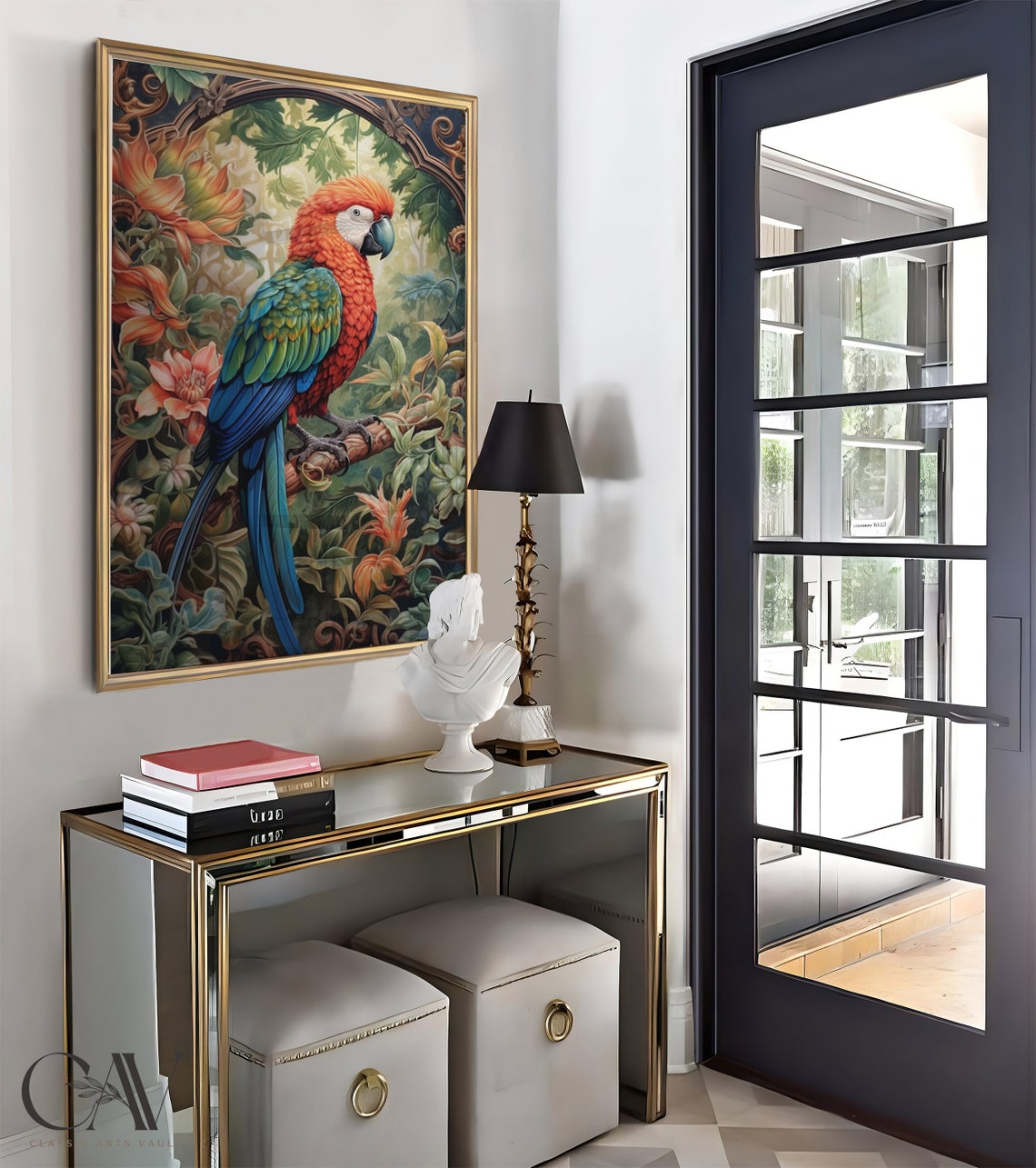 Scarlet Macaw Parrot Perched In Tropical Flower Garden Poster - Image 4