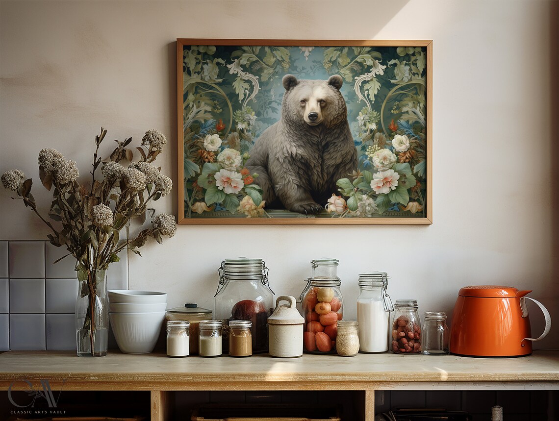 Gray Bear Portrait Among Flowers Vintage Botanical Animal Poster - Image 5