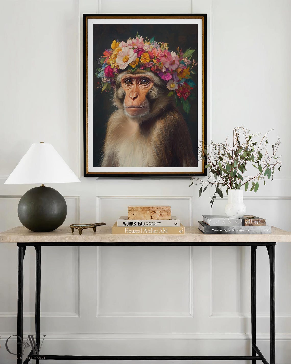 Monkey Portrait With Bright Wildflower Crown on Dark Art Poster - Image 3