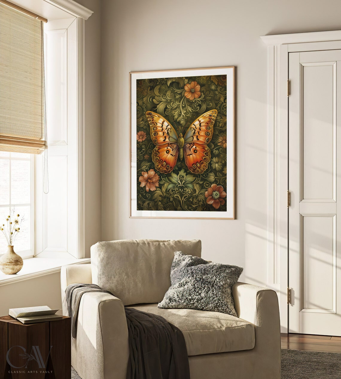 Orange Butterfly Vintage Olive Damask Floral Garden Art Poster - Image 3