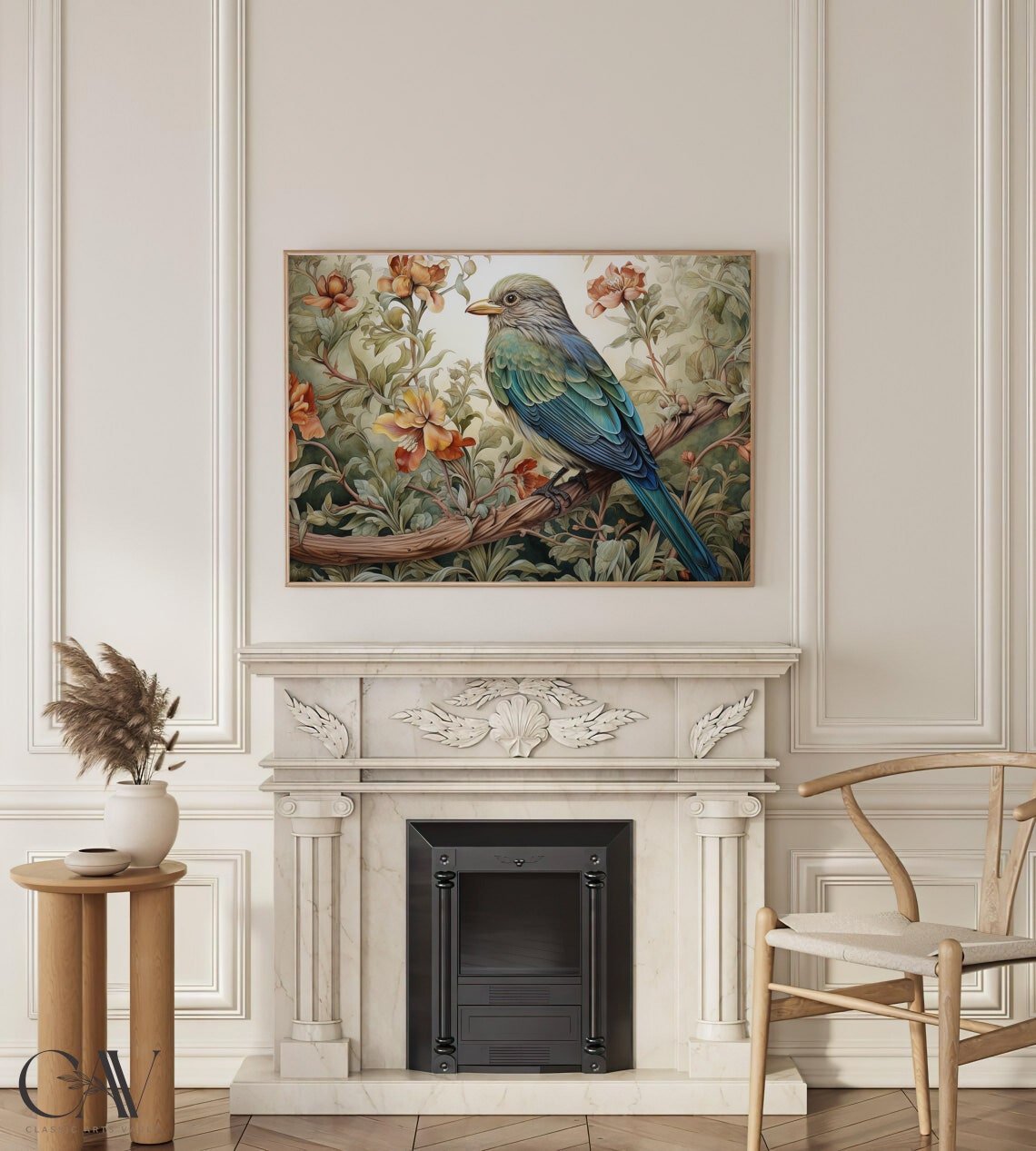 Teal Bird on a Branch Among Blush Blossoms Botanical Wall Art - Image 3