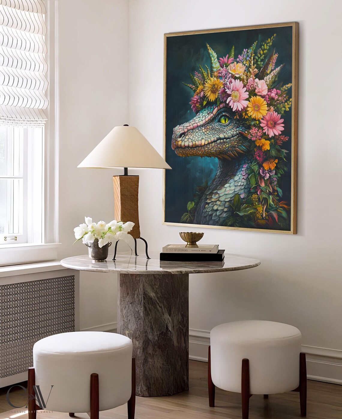 Green Dragon Portrait With Vibrant Floral Crown Fantasy Art Poster - Image 4