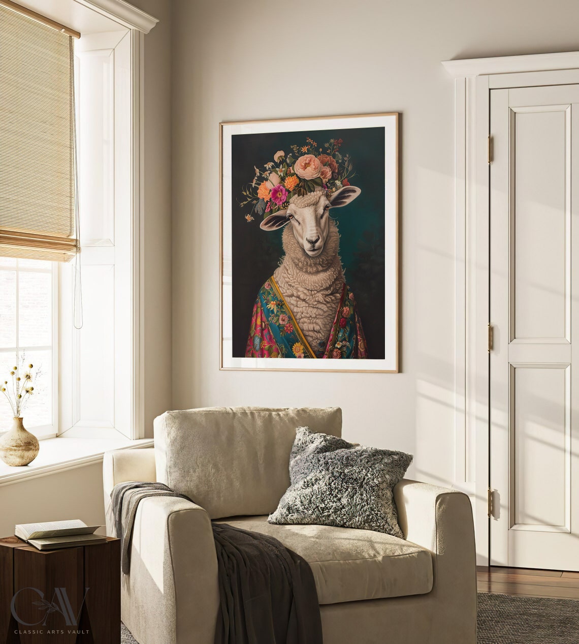 Cute Sheep Flower Crown Portrait Floral Robe Maximalist Wall Art - Image 2