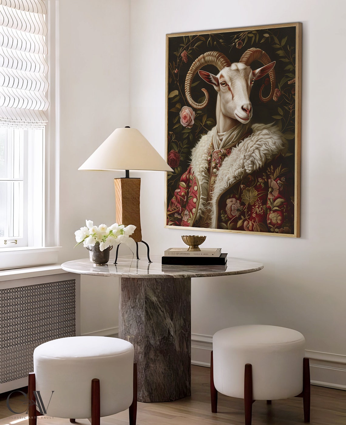 Ram With Curled Horns in Royal Red Coat Baroque Portrait Poster - Image 4