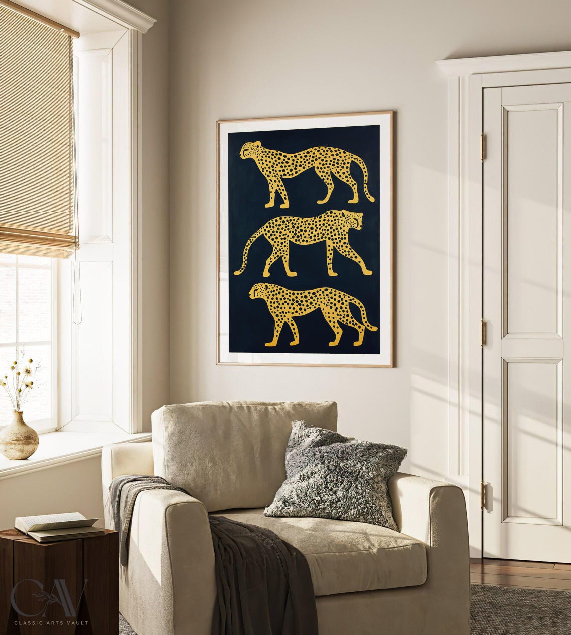 Three Gold Cheetahs Walking On Black Bold Safari Animal Poster - Image 4