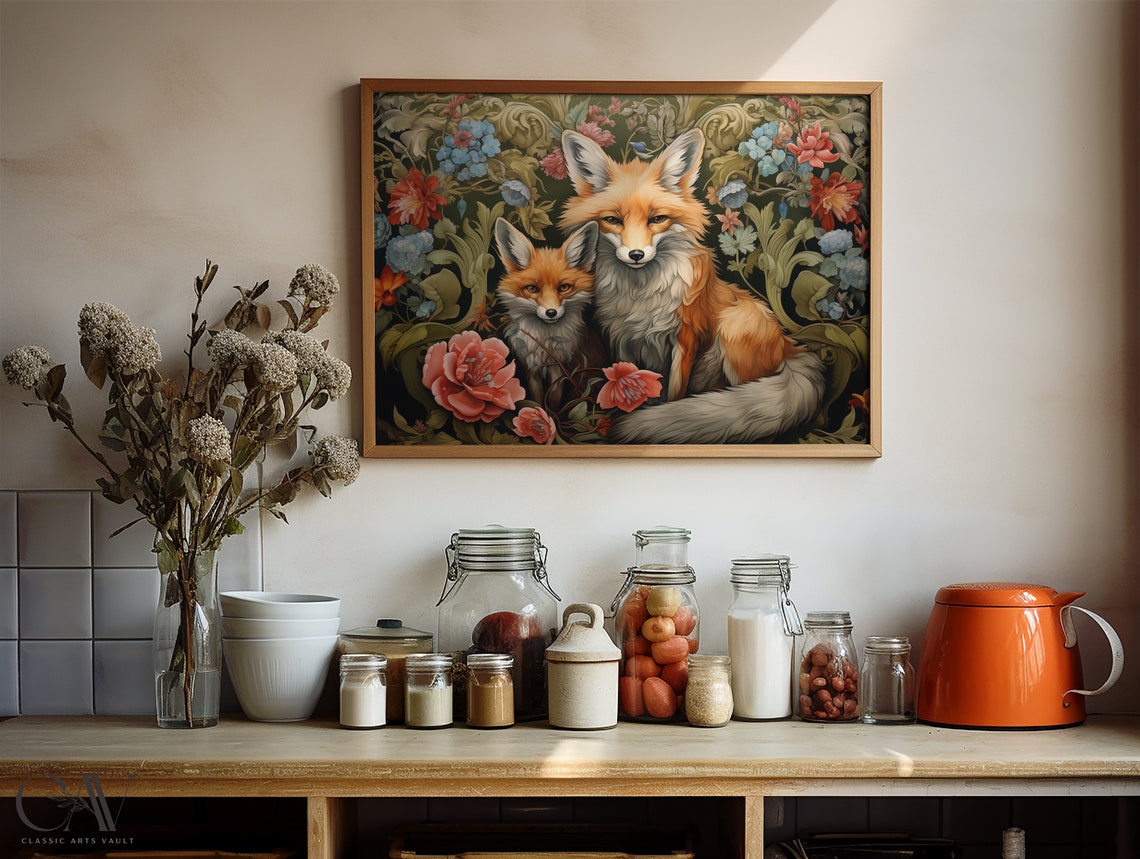 Red Fox Pair Among Blooming Flowers Morris Style Animal Poster - Image 3