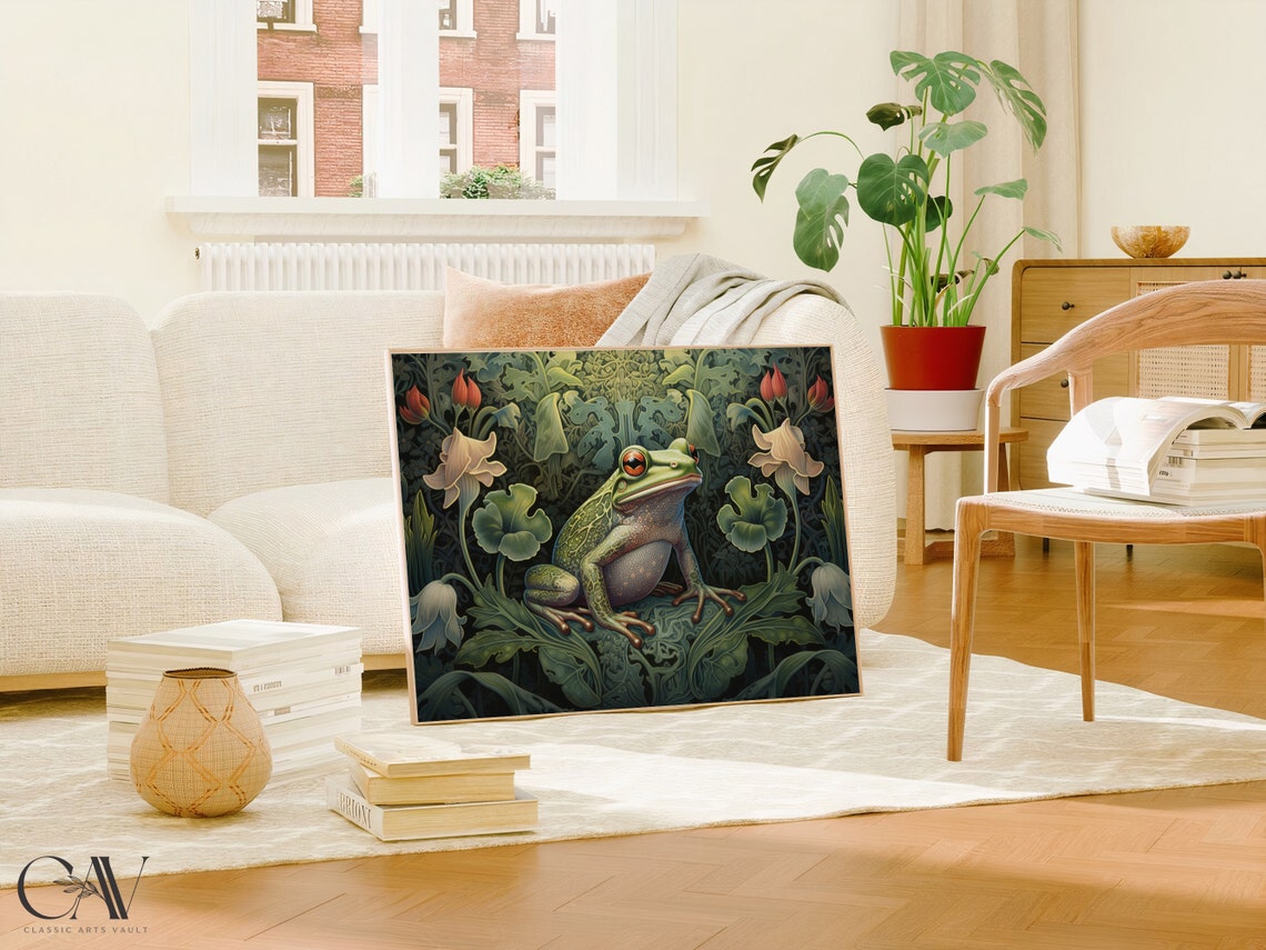 Green Frog In Blooming Garden William Morris Style Animal Poster - Image 5