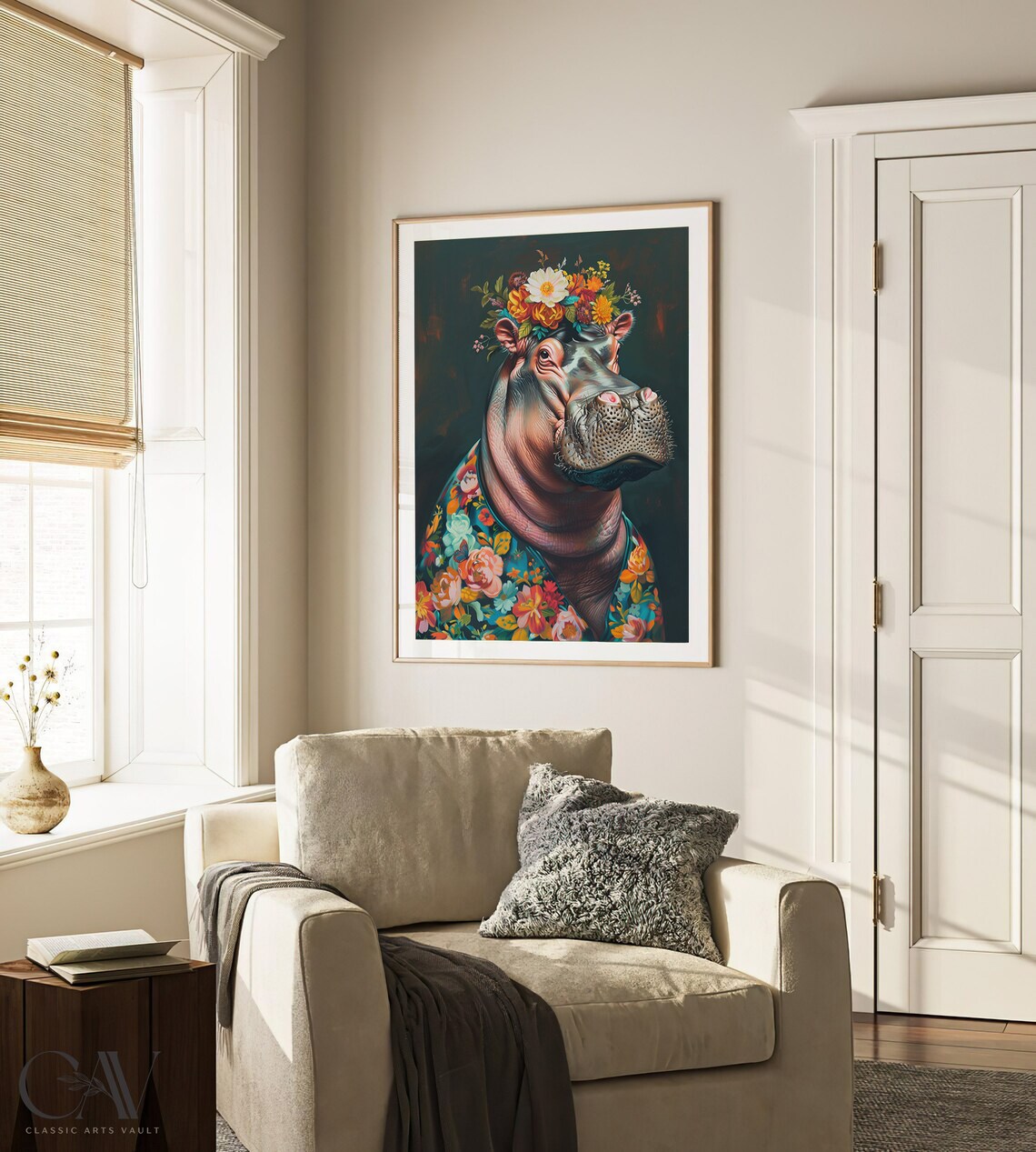 Hippo with Flower Crown in Vibrant Floral Robe Dark Botanical Portrait Poster - Image 3