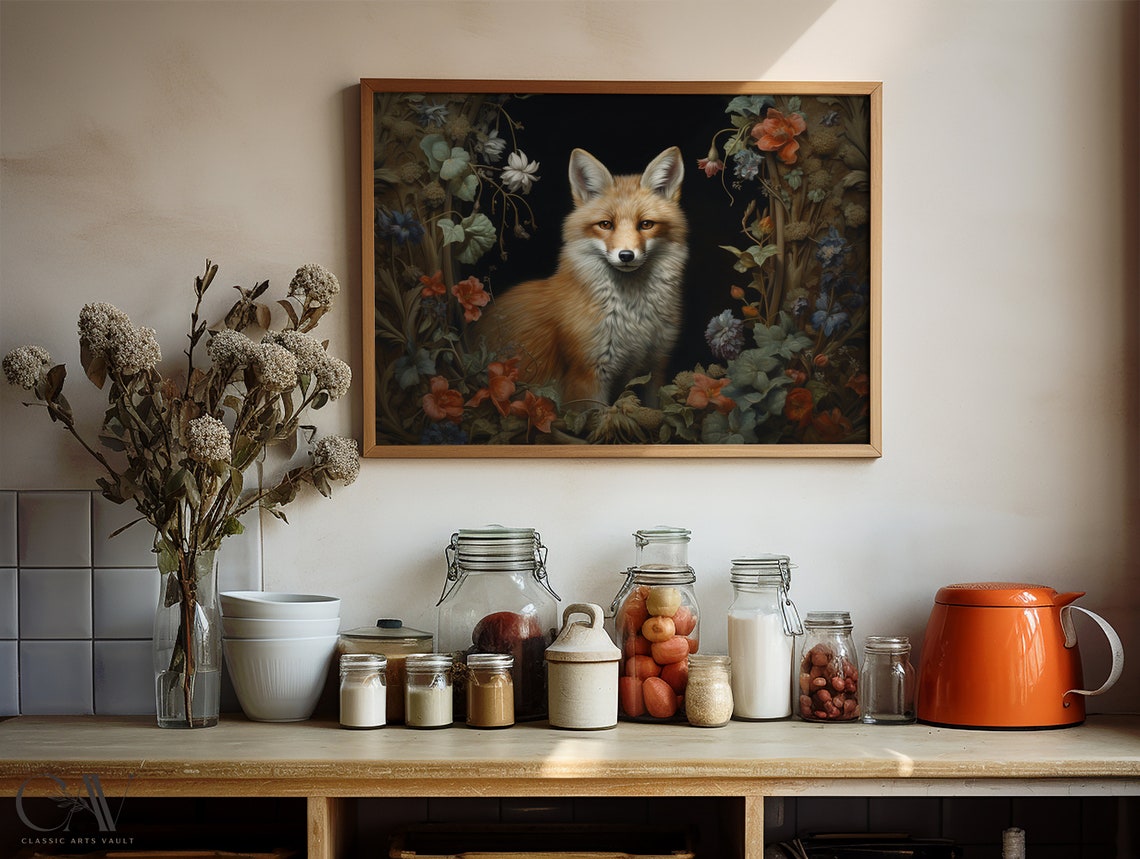 Red Fox Portrait Framed by Dark Floral Blooms on Black Poster - Image 4