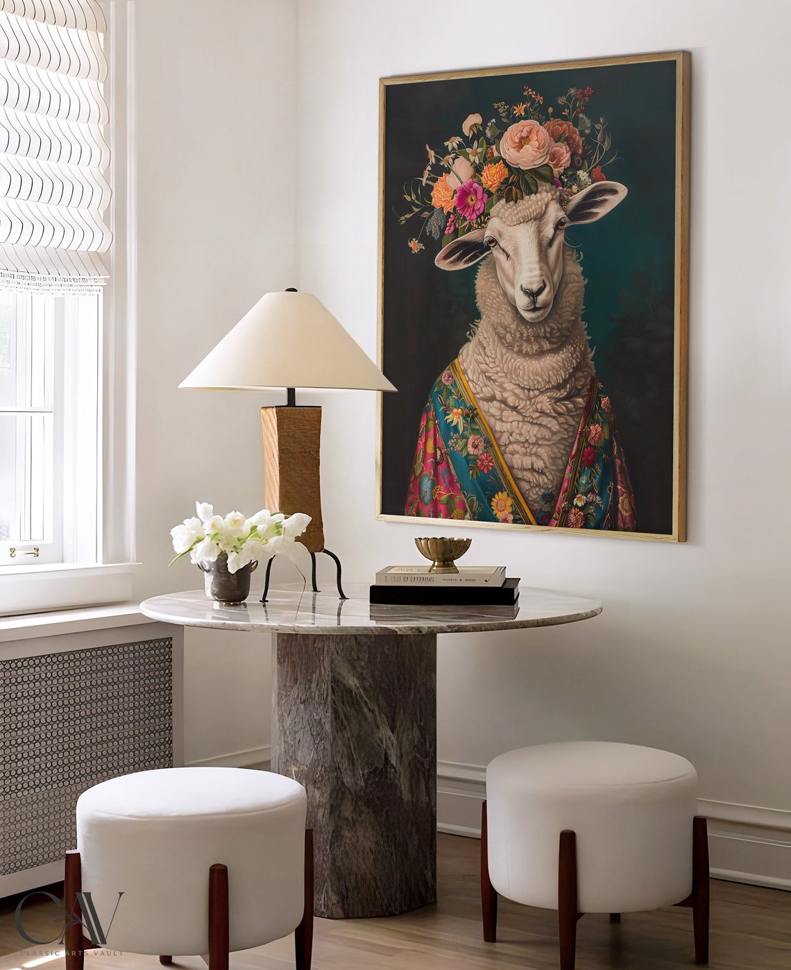 Cute Sheep Flower Crown Portrait Floral Robe Maximalist Wall Art - Image 4