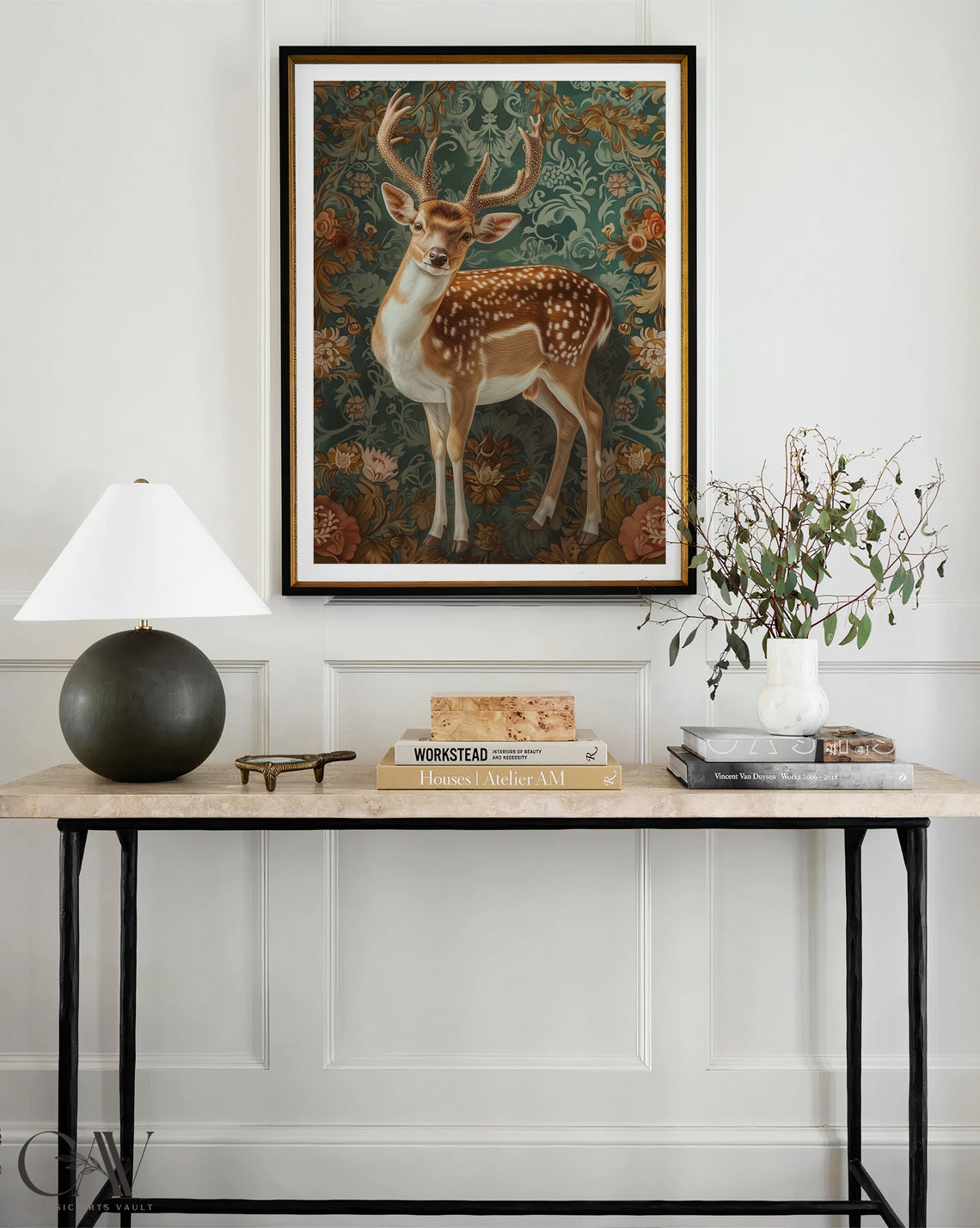 Spotted Fallow Deer Stag on Teal Baroque Floral Damask Poster - Image 4