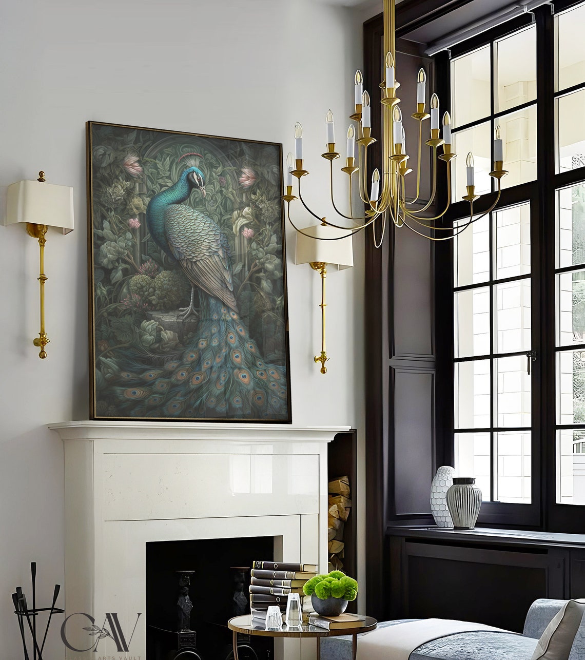 Peacock Standing Proud in Moody Dark Botanical Garden Poster - Image 3