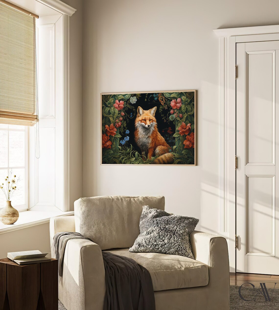 Red Fox Sitting in Lush Floral Arch Dark Botanical Garden Poster - Image 3