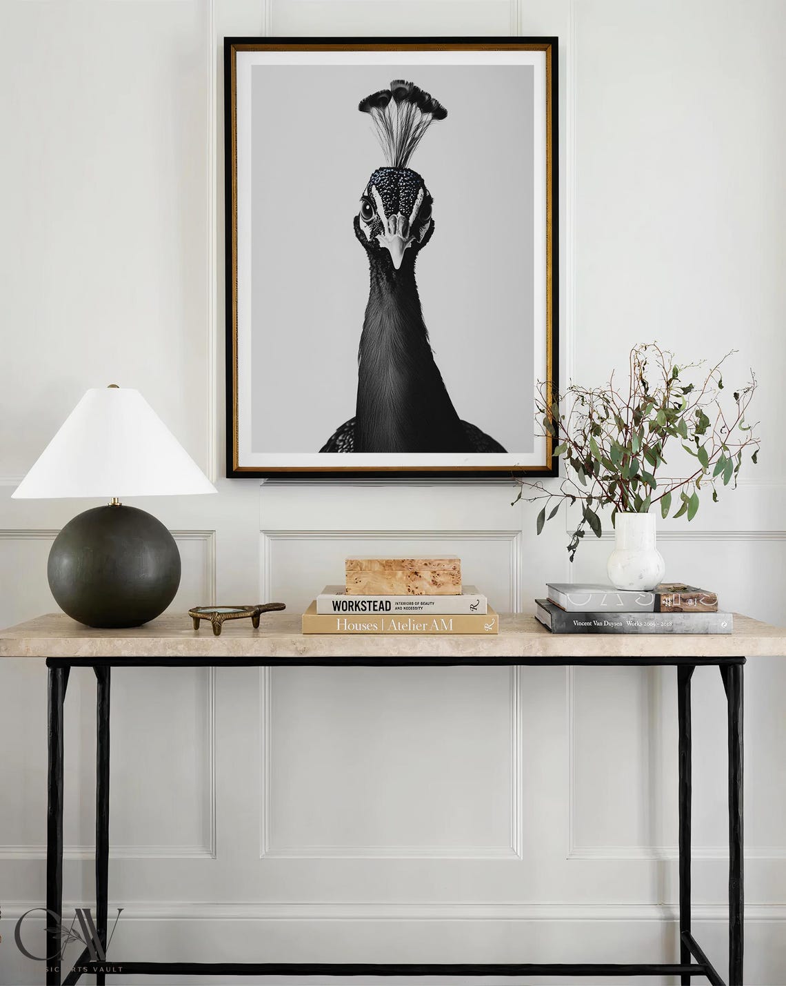 Black and White Peacock Portrait Front View Bird Photography Poster - Image 3