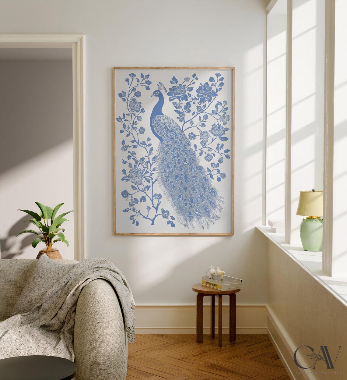 Peacock Perched Blue White Floral Branches Vintage Art Poster - Image 3