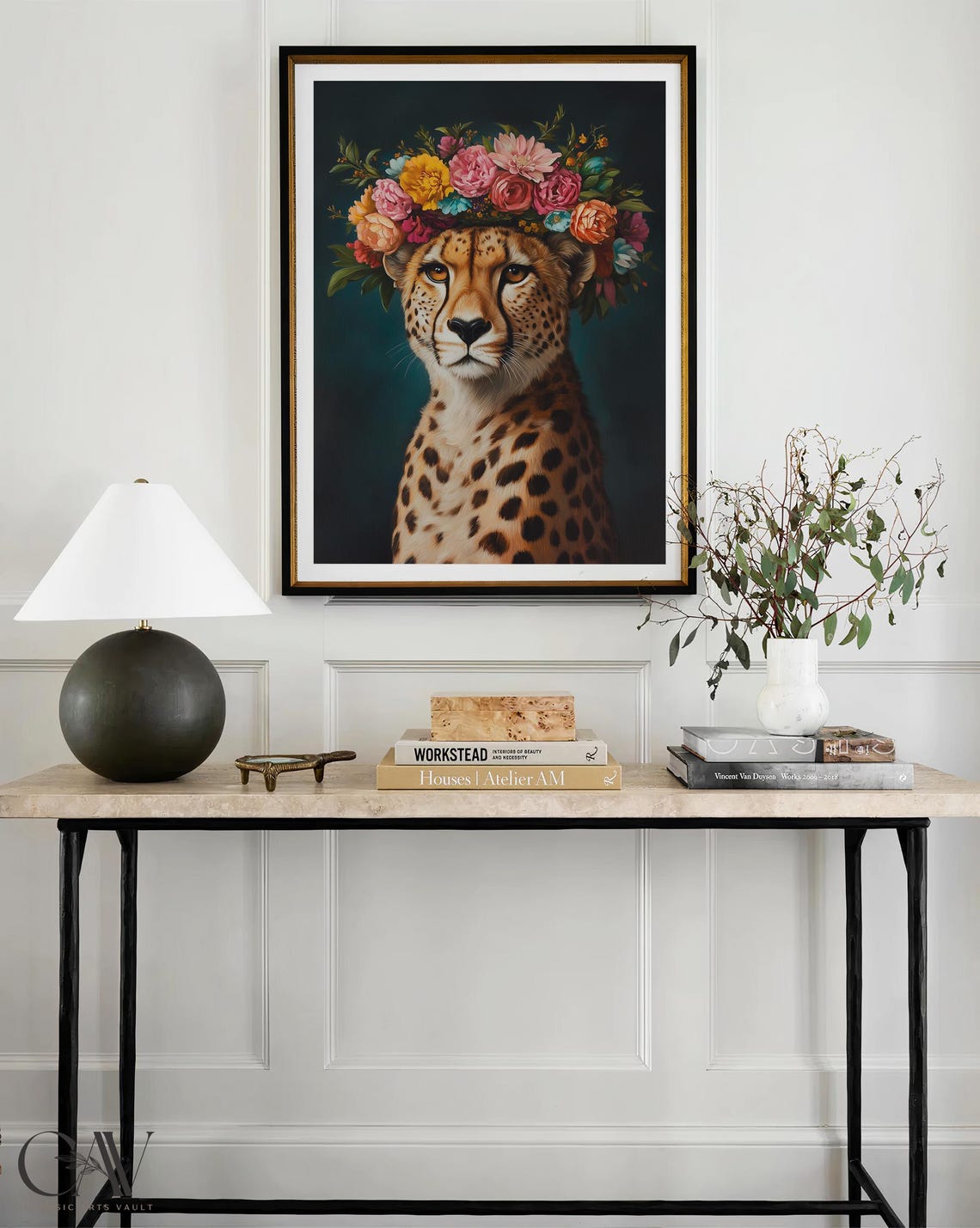 Cheetah Portrait With Vibrant Flower Crown on Deep Teal Art Poster - Image 4