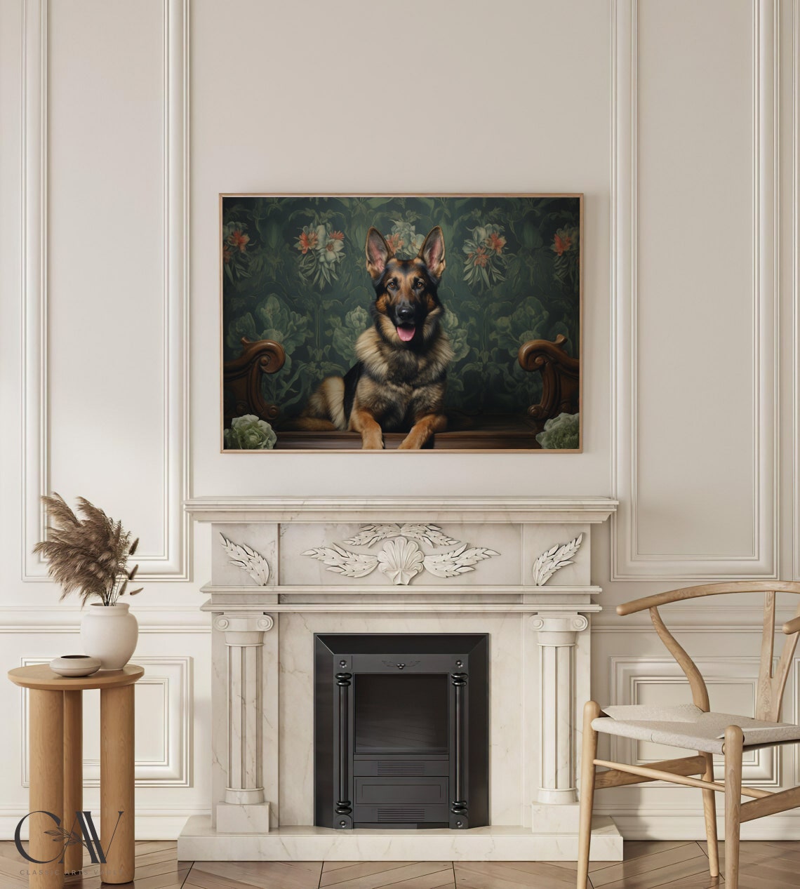 German Shepherd Lying Down On Dark Floral Bench Portrait Poster - Image 4
