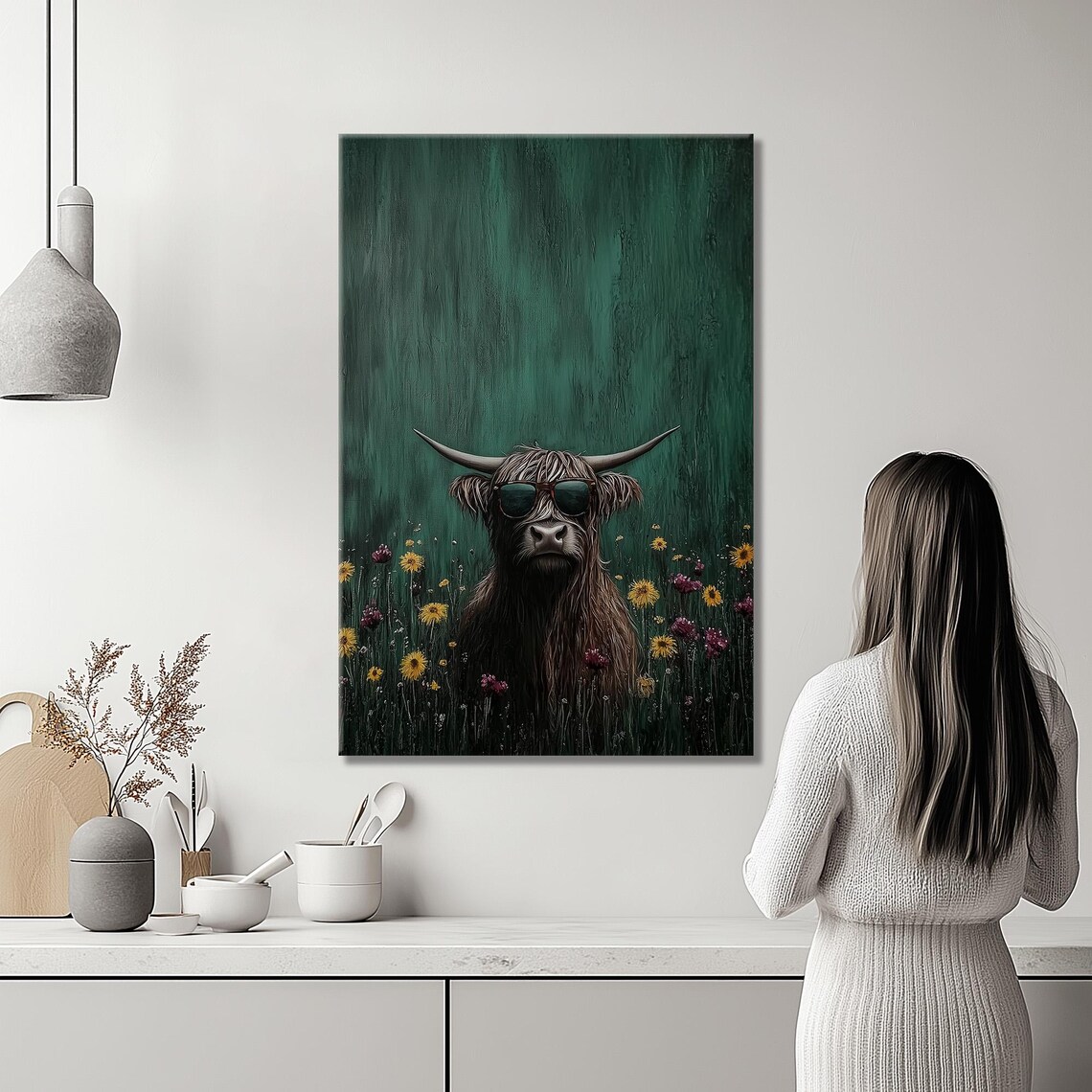 Funny Highland Cow With Sunglasses in Wildflowers Humor Art Poster - Image 2