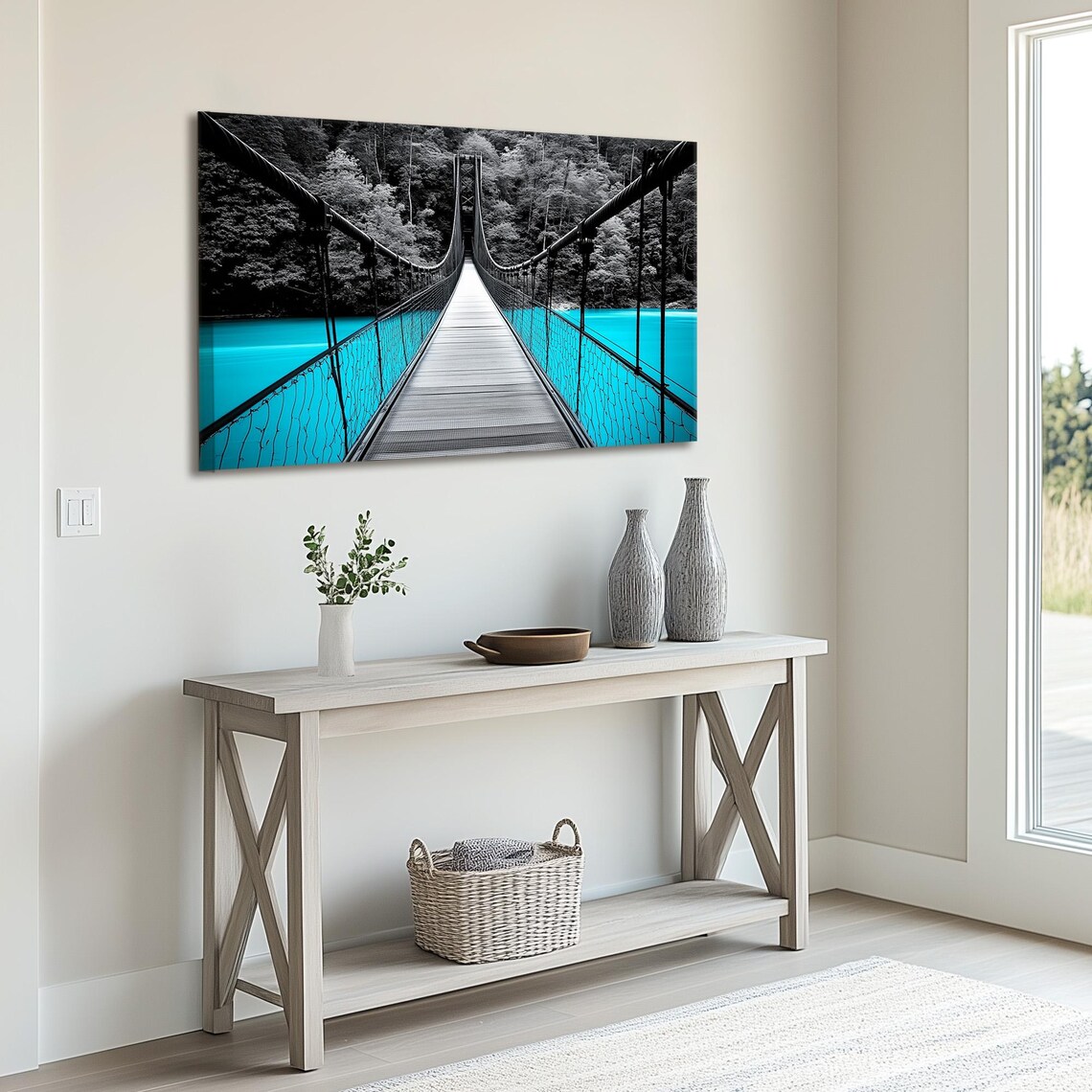 Suspension Bridge Over Turquoise Water Forest Monochrome Travel Poster - Image 2