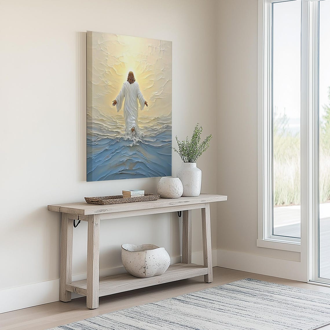 Jesus Christ Walking On Water At Sunrise Reflection Painting Poster - Image 2