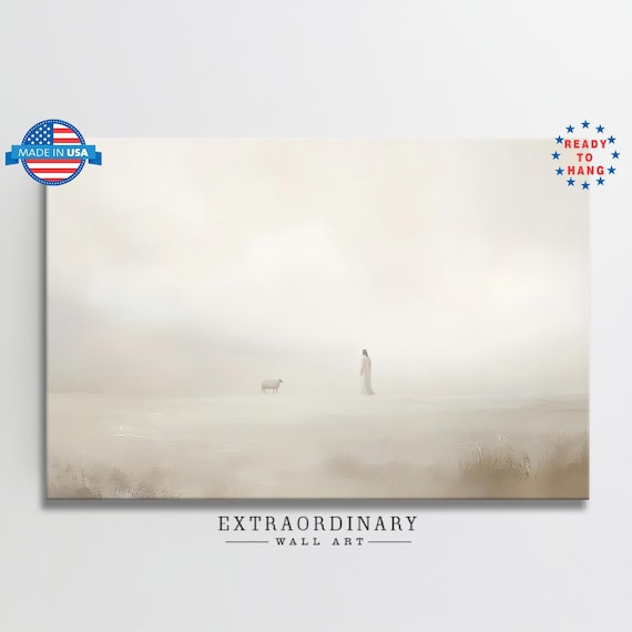 Jesus And One Lost Sheep In Vast Misty Beige Field Art Poster