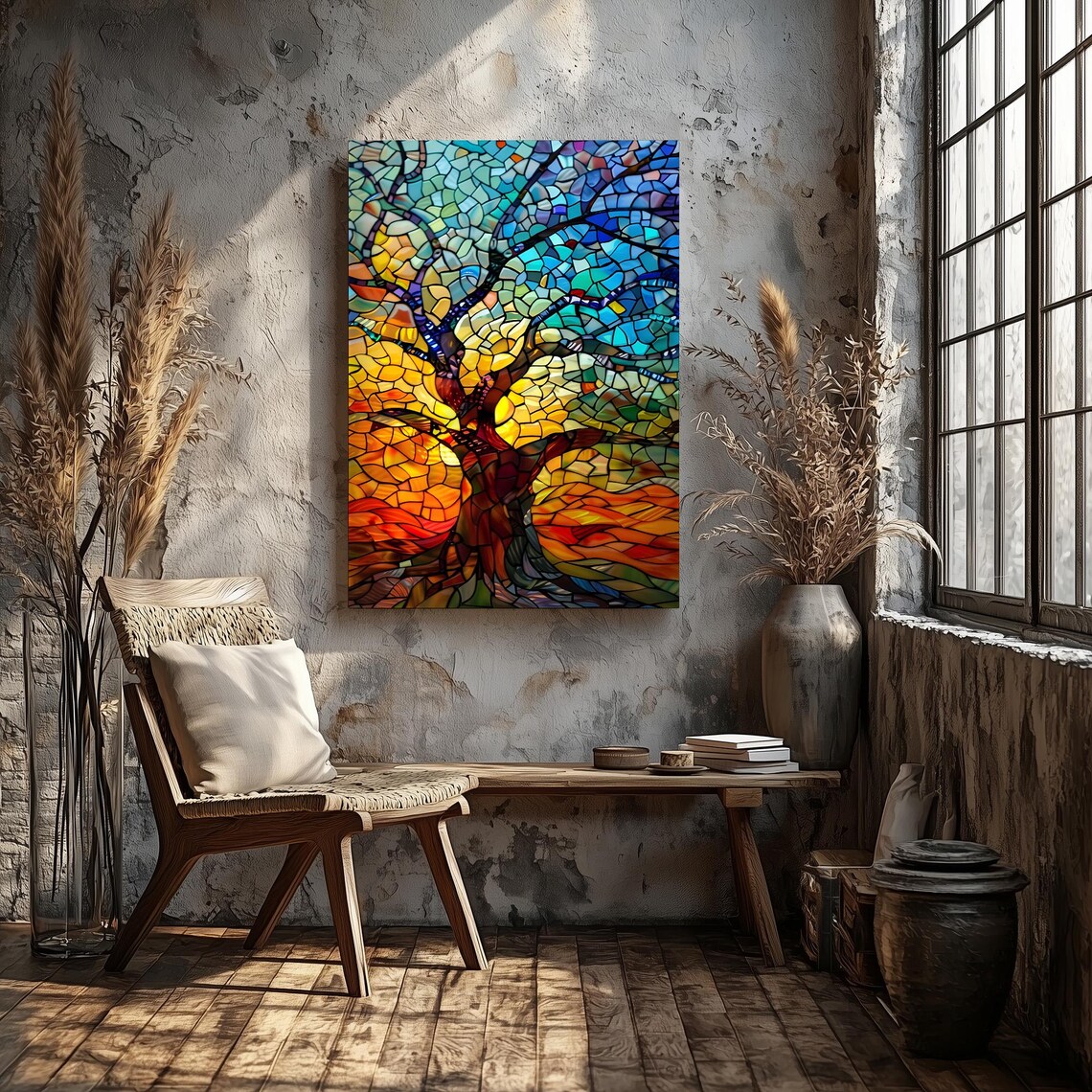 Stained Glass Mosaic Tree Of Life Sunset Colors Bedroom Wall Art - Image 7