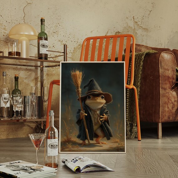 Whimsical Frog Witch With Broom Fantasy Animal Art