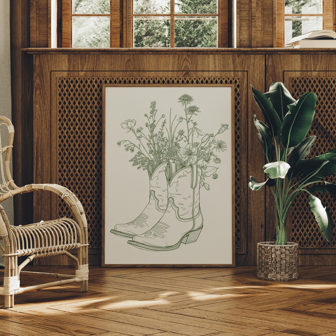 Cowboy Boots With Wildflowers Green Minimalist Line Art Poster