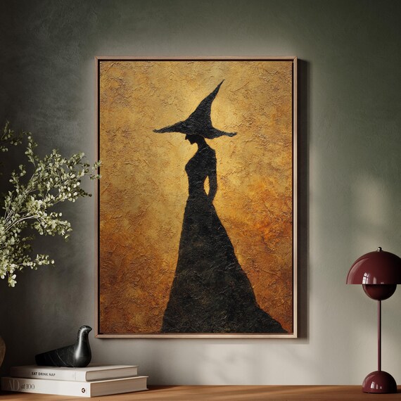 Elegant Witch Silhouette On Textured Gold Minimalist Halloween Poster