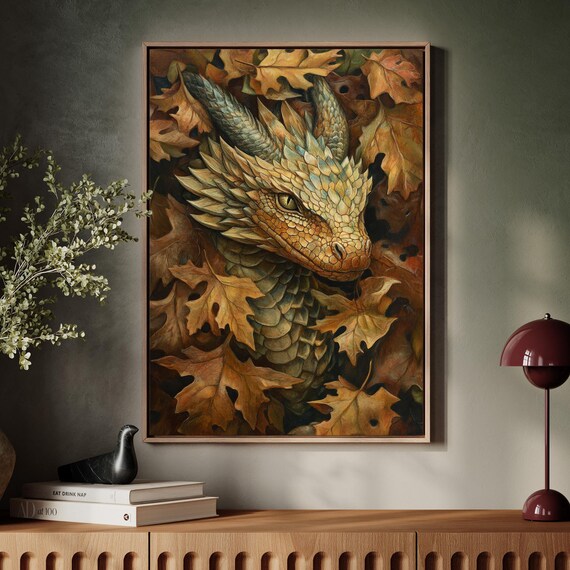 Golden Dragon Among Autumn Leaves Fantasy Art Painting Poster