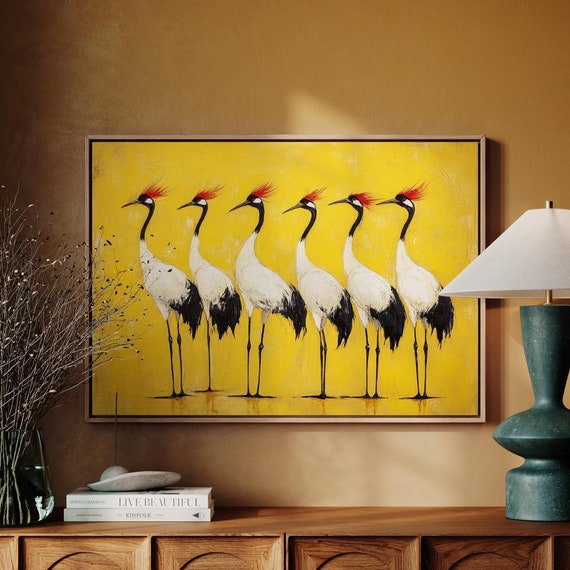 Elegant Red Crowned Cranes On Bold Yellow Modern Wildlife Art For Contemporary Home Decor