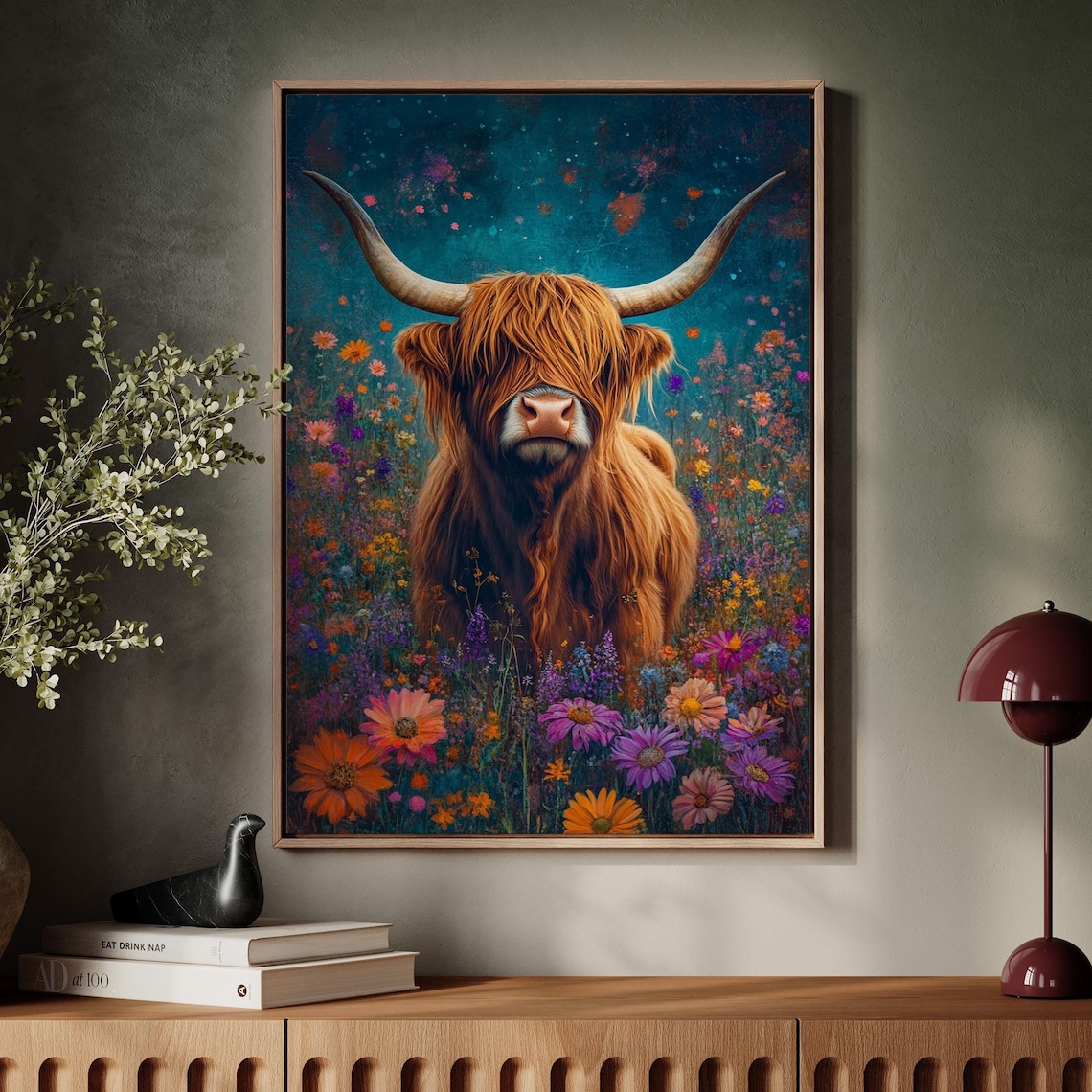 Highland Cow in Wildflower Meadow, Rustic Farmhouse Art Print
