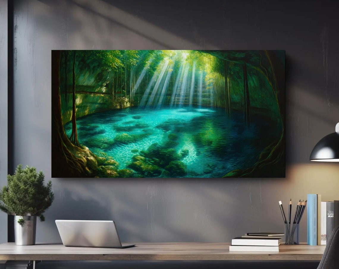 Hidden Turquoise Cenote Pool With Shafts of Jungle Sunlight Poster