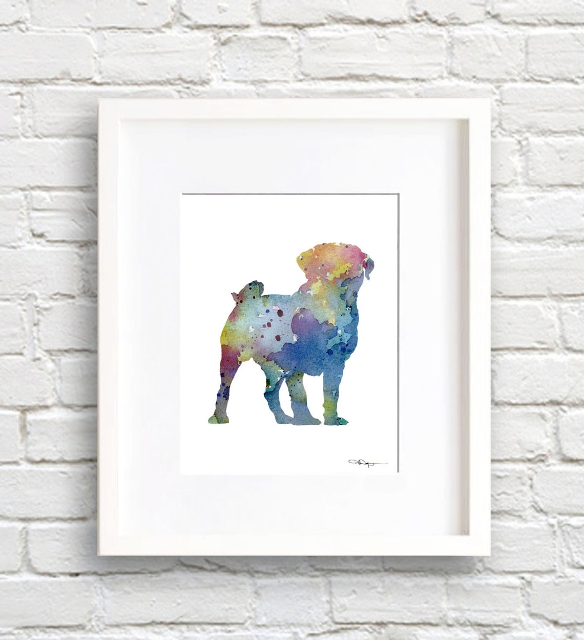 Blue and Green Watercolor Pug Dog Standing Side View Art Print - Image 2